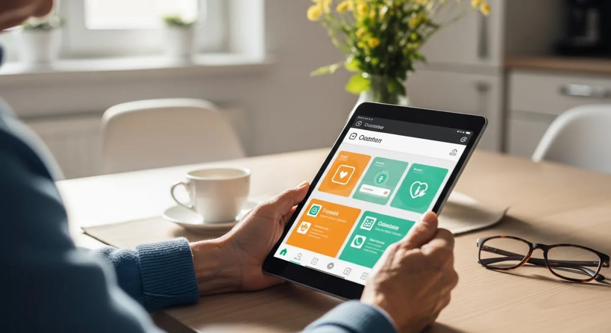 Ältere Person nutzt eine digitale Pflege-App auf dem Tablet