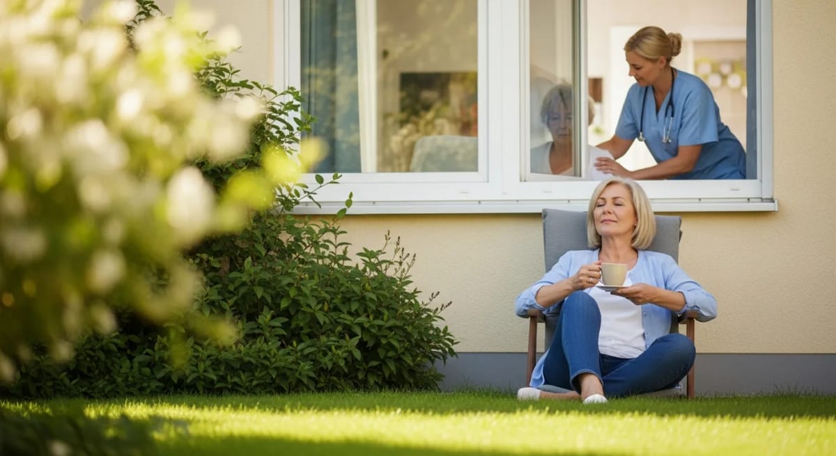 Pflegende Angehörige genießt eine Auszeit im Garten