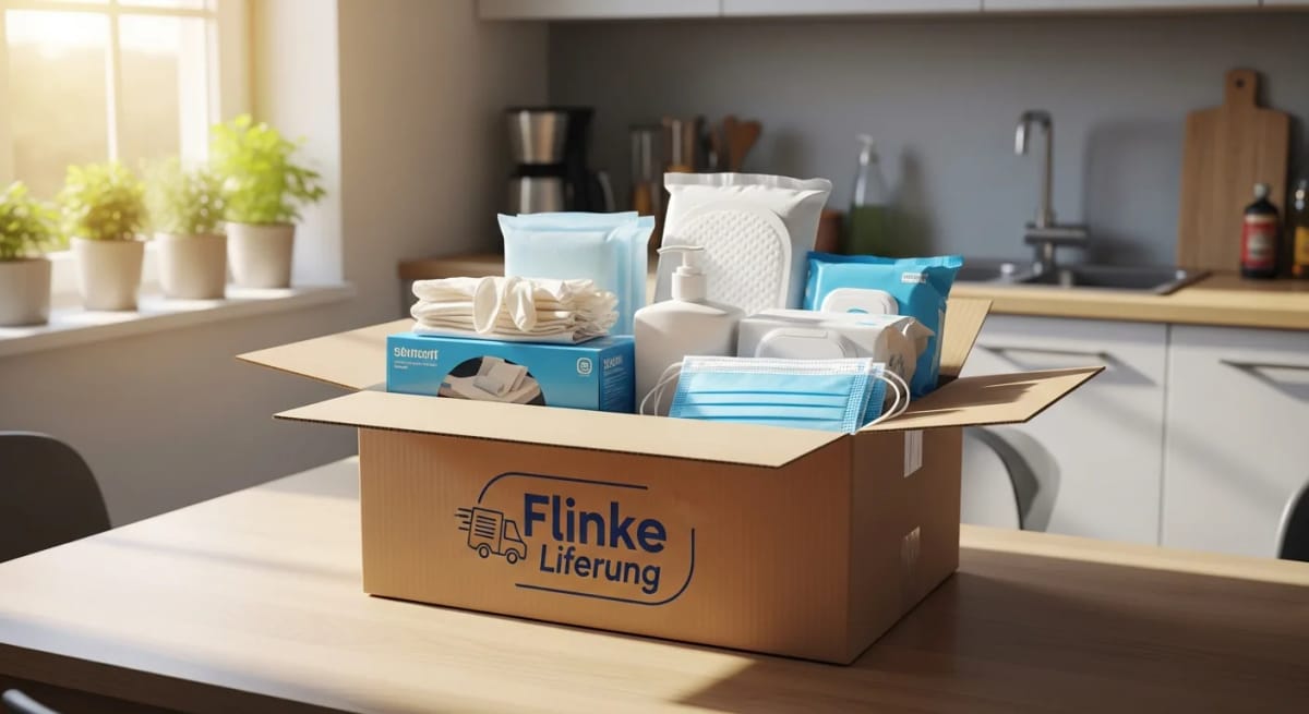 Geöffnete Pflegebox mit Verbrauchsmaterialien auf dem Küchentisch