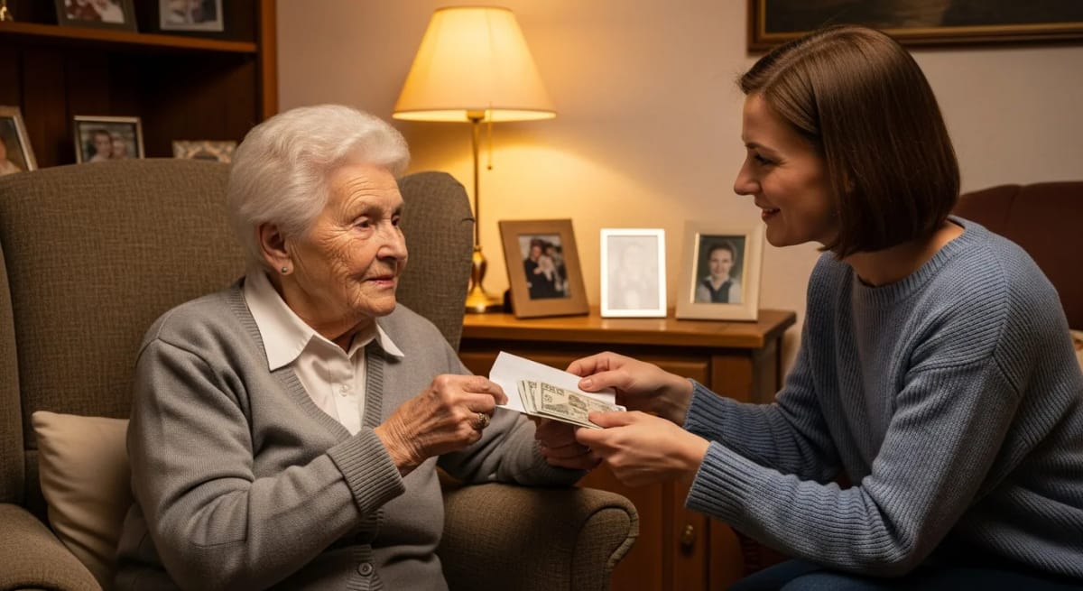 Ältere Frau erhält Pflegegeld von ihrer Tochter im Wohnzimmer