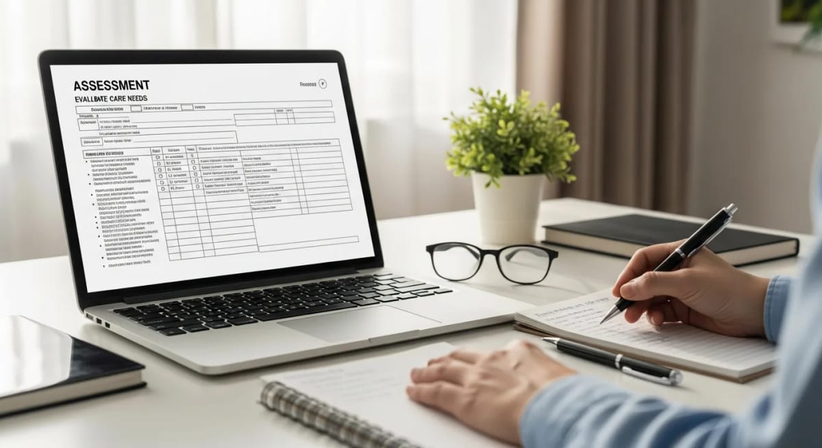 Laptop mit Pflegegrad-Checkliste auf einem aufgeräumten Schreibtisch