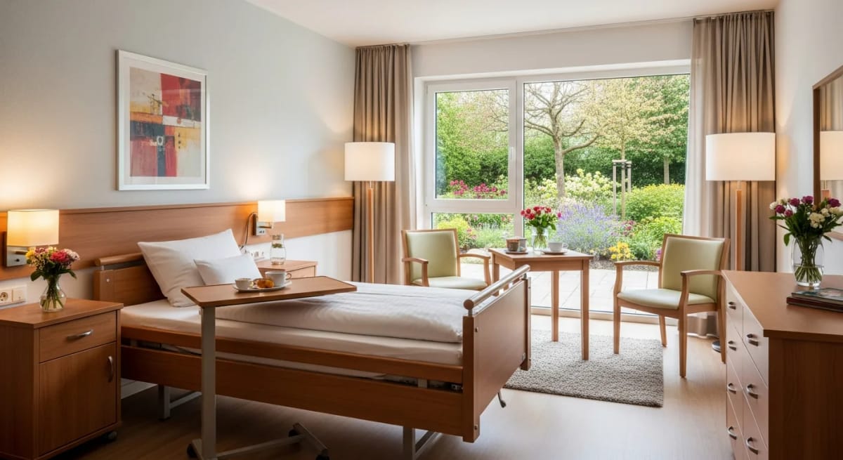 Helles und gemütliches Zimmer in einem modernen Pflegeheim