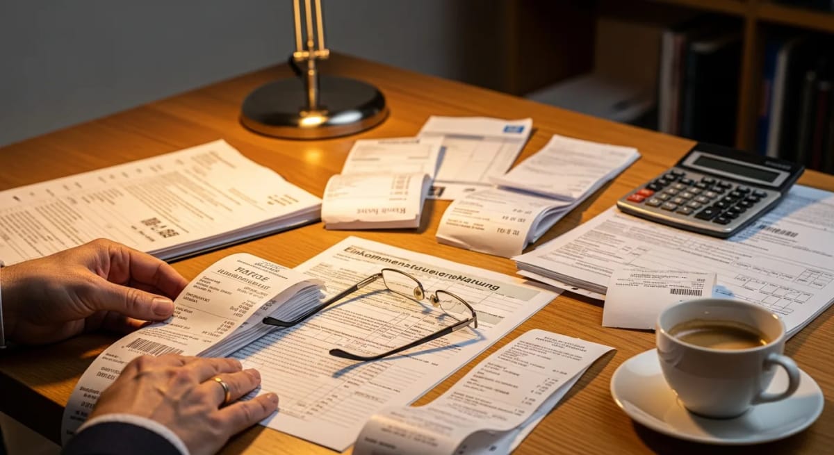 Steuerdokumente und Pflege-Belege neben einem Taschenrechner