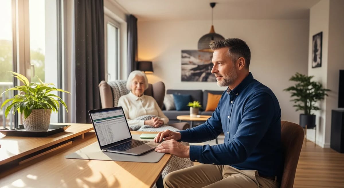 Berufstätiger Mann arbeitet von zu Hause und kümmert sich um seine Mutter