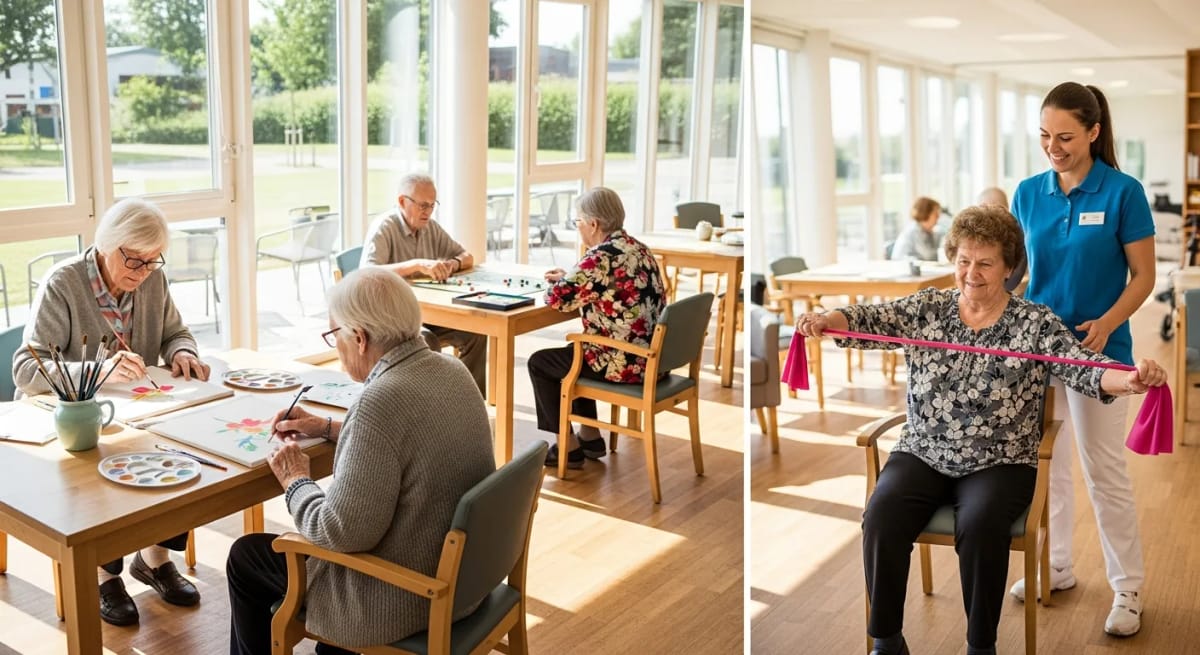 Senioren bei gemeinsamen Aktivitäten in einer hellen Tagespflege