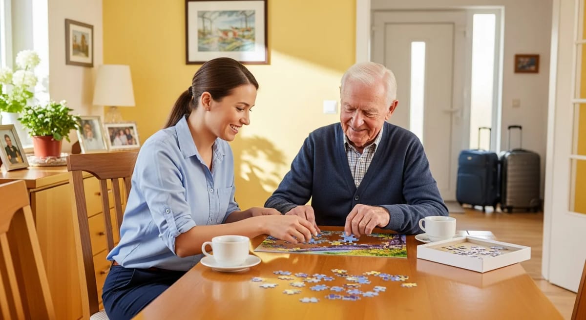 Vertretungspflegekraft beschäftigt sich fürsorglich mit einem älteren Mann