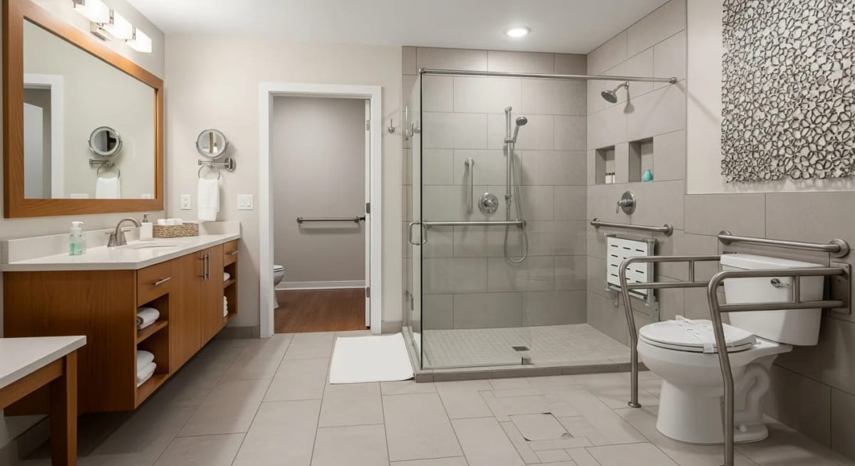 Barrierefreies Badezimmer mit Haltegriffen und ebenerdiger Dusche